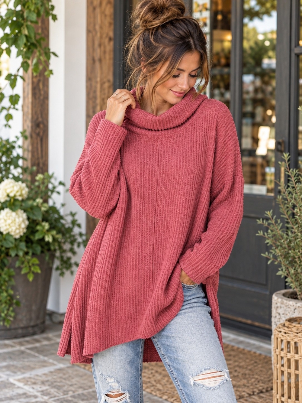 Zenana Outfitters Dusty Rose Cowl Neck Ribbed Sweater